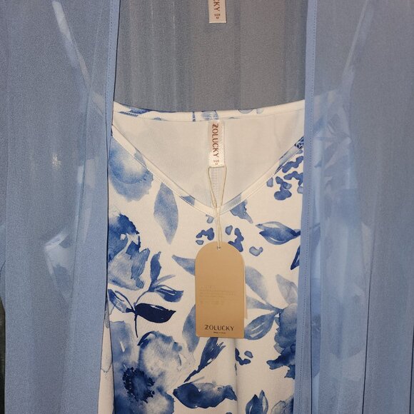 NWT~LADIES Blue & White Floral Print Long  Dress w/Long Sheer Cover Up~Medium - Picture 2 of 4